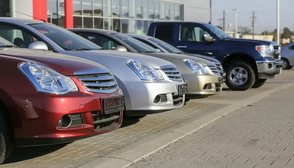 A row of Bruce's U-Save rental sedans and a pickup on the lot